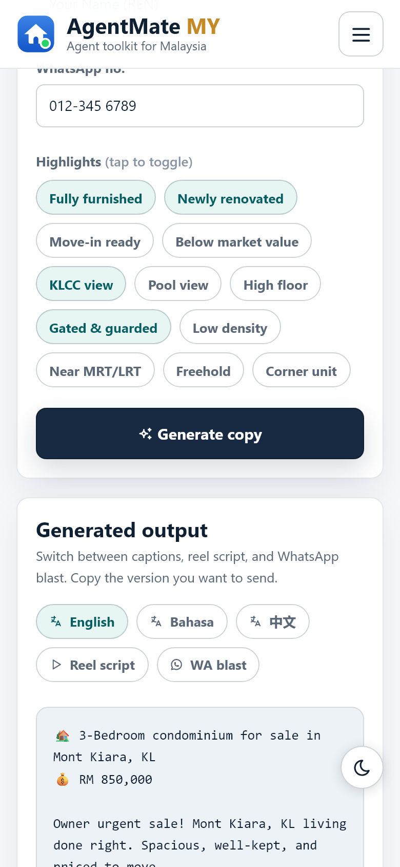 AgentMate MY Listing Studio showing property details and generated copy on mobile